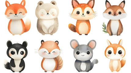 Adorable animal characters in watercolor style
