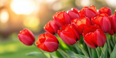 A bunch of red tulips are in a field with the sun shining on them. Concept of warmth and beauty, as the bright red flowers contrast with the green grass and the sun's rays. The scene is peaceful