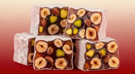 Obraz premium Stacked Turkish Delight Cubes with Hazelnuts and Pistachios delicacy