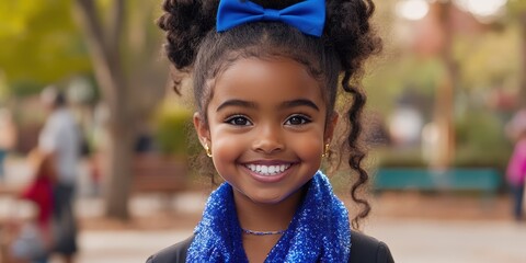 A young girl with a blue scarf and a blue bow in her hair is smiling. She is surrounded by people, some of whom are sitting on benches