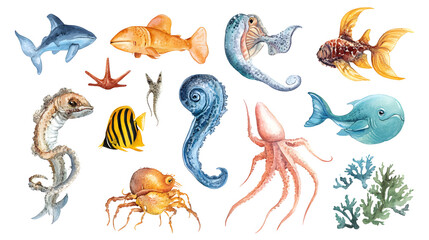 Watercolor sea creatures with vibrant colors and details