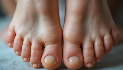 A close-up shot of a person's clean, bare feet standing on a light-colored floor.

