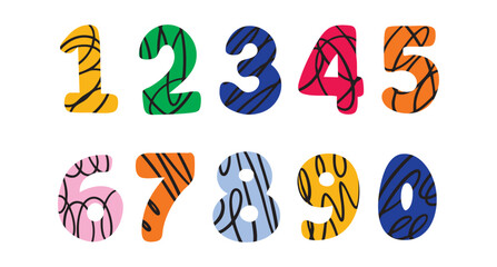colorful kids numbers vector from 1 to 0 with doodle messy pattern lines. set, doodle hand drawn, for stickers, logos, branding, social media and printable.