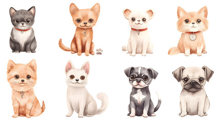 Cute watercolor illustration of adorable pet characters