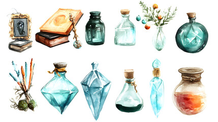 Watercolor magical potion bottles and books illustration