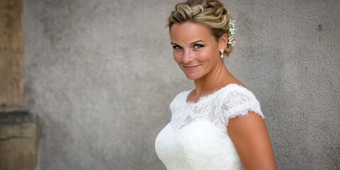 A woman in a white dress is standing in front of a wall. She is smiling and looking at the camera