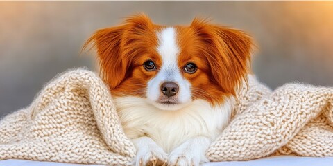 A small brown and white dog is laying on a blanket. The dog is looking at the camera with a curious expression. Concept of warmth and comfort, as the dog is snuggled up in a cozy blanket