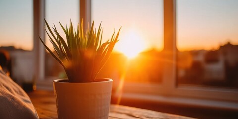 A potted plant sits on a table in front of a window, with the sun shining through the window and casting a warm glow on the plant. Concept of peace and tranquility