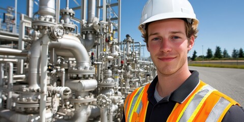 A man in a safety vest stands in front of a large industrial plant. He is smiling and he is proud of his work