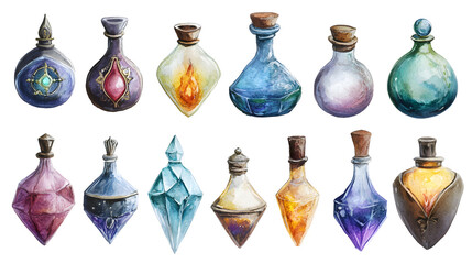 Colorful fantasy potion bottles with unique designs