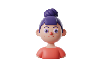Charming 3D cartoon character with purple hair and freckles, perfect for branding, marketing, and children's content, conveying joy.