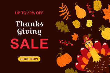 Thanksgiving Day banner seasonal discounts. Autumn bright background. Sale. Vector illustration