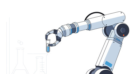 Fototapeta premium Robotic arm holds test tube with blue liquid near beakers.