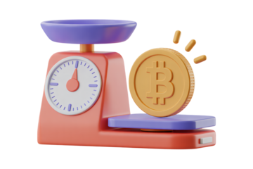 Bitcoin cryptocurrency coin on scale, weighing investment value, financial concept for digital currency trading, market growth, and online payments