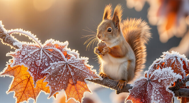 A miniature squirrel with an acorn on a frost-covered branch surrounded by frozen maple leaves