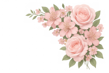 Pink roses and alstroemeria flowers arranging a delicate watercolor bouquet, transparent background