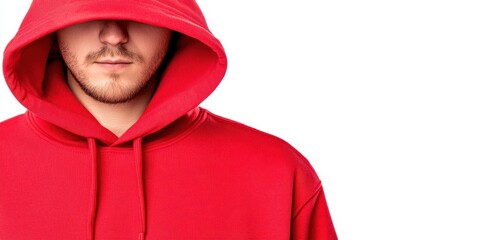 A man wearing a red hoodie is standing in front of a white background. The hoodie is pulled up over his head, covering his face. Concept of mystery and intrigue