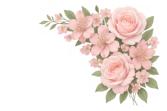 Pink roses and alstroemeria flowers arranging a delicate watercolor bouquet, transparent background