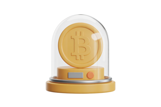 Bitcoin cryptocurrency symbol displayed under glass dome representing digital currency investment and financial innovation in modern style