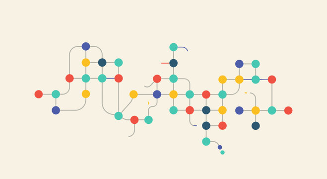 Colorful dots connected by lines form an abstract network or map.