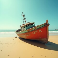 Naklejka premium Abandoned Fishing Boat Resting on a Sunny Beach