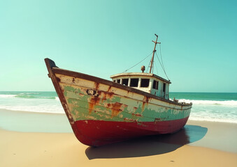 Obraz premium Abandoned Fishing Boat Resting on a Sunny Beach