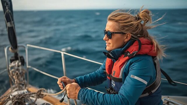 Blonde Woman in Sunglasses and Life Jacket Confidently Steering Sailboat on Open Ocean Adventure