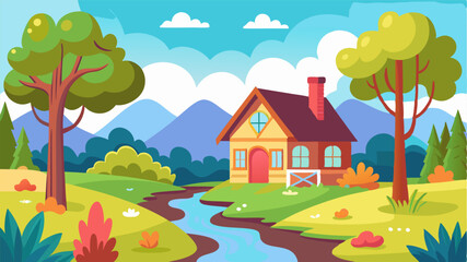 Naklejka premium A quaint cottage surrounded by colorful trees with a bubbling brook running through the backyard.