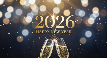 Happy New Year 2026 celebration with champagne glasses toasting against golden bokeh lights
