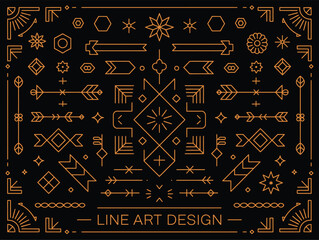 Set of linear thin line art deco retro vintage design elements for cards, posters, and invitations