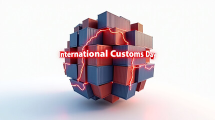 Conceptual sphere made of shipping containers, symbolizing international customs day and global trade, isolated on white background red lightning highlights the text, emphasizing the importance