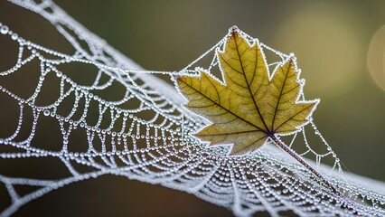A close up of a yellow leaf caught in a spiderweb covered in water droplets outdoors