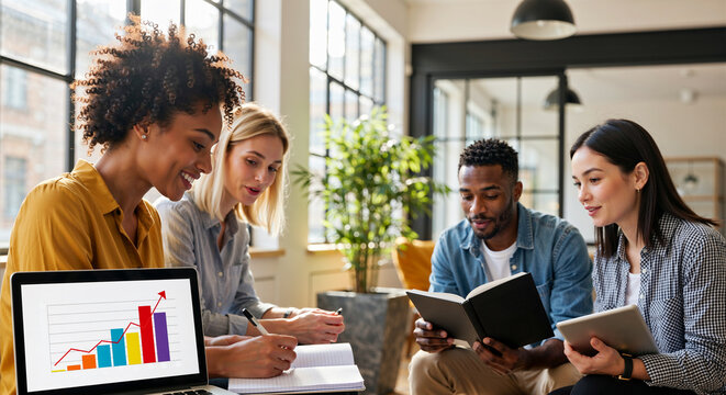 Young professionals collaborating on a startup project, reviewing market data on a laptop and reading for success
