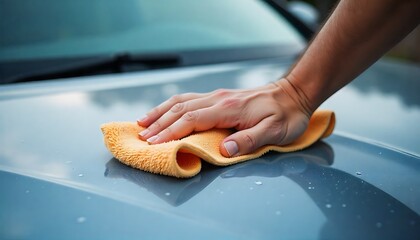 a man's hand wiping a wet car hood with a microfiber towel, detailing and cleaning for car care and maintenance, created with generative ai