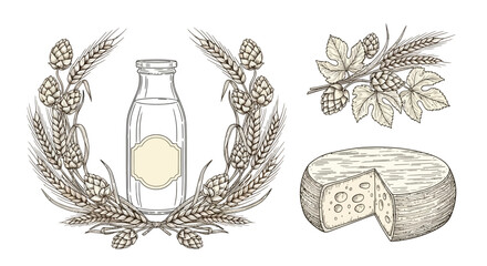 Elegant artisanal food vector elements with wheat and hops wreath, milk bottle, and cheese wheel for farmer's market branding