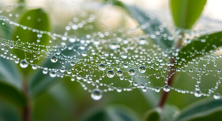 Closeup of a spiderweb covered in water droplets, with green leaves in the background