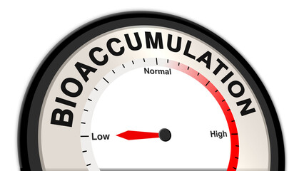 A visual representation of bioaccumulation at low levels, depicted on a barometer or tachometer, showing minimal toxin buildup and its early, manageable environmental impact