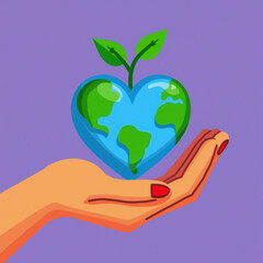 Illustrative artwork depicting a hand holding a heart-shaped piece of earth with emerging green leaves, symbolizing sustainability and hope against a purple backdrop