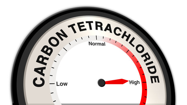 A high-level visual of carbon tetrachloride (CCl₄) contamination, represented on a barometer or tachometer, showing elevated concentrations and highlighting its significant environmental and health