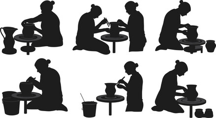 Silhouette of potter crafting clay vase on pottery wheel, ceramic art illustration, handmade pottery workshop and sculpting process concept