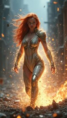 Fierce warrior emerging from fiery ruins
