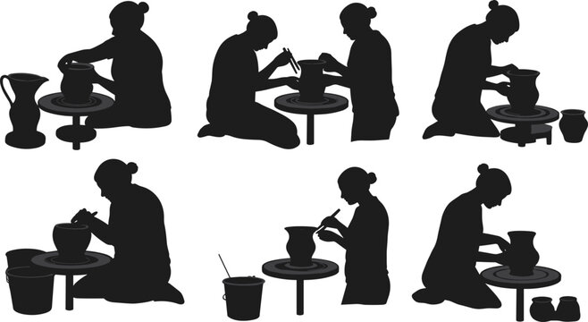 Silhouette of potter crafting clay vase on pottery wheel, ceramic art illustration, handmade pottery workshop and sculpting process concept - Powered by Adobe