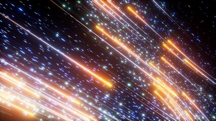 3d render, abstract background of yellow and blue neon lines and bokeh lights glowing in the dark. Speed of light. Falling stars or meteor stream. Data transfer concept. Fantastic wallpaper