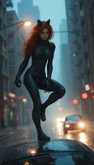 Fierce woman in a sleek black cat suit poses on a car in a moody urban setting