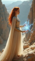 Enchanting woman wielding magical energy in a mystical landscape