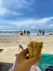 Panoramic view beach, chairs and umbrellas. Beautiful tropical island beach, summer nature scene, blue sky. beach recliners. Beach chairs with sunshine.