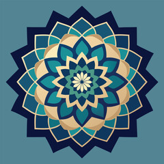 Gold Outline Starflower Teal Ornamental Star Design Decorative Geometric Islamic Pattern Star Flower Shape Decorative Pattern Blue Color Tones