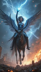Powerful warrior with wings riding a majestic creature amidst a storm
