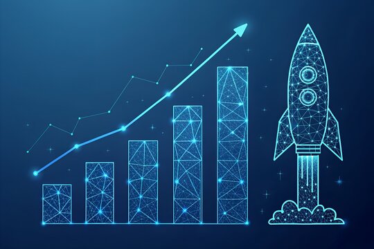 Business Growth Chart with Rocket Launching Success Arrow Concept on Blue Scene