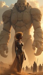 Fierce warrior woman stands before a colossal stone giant